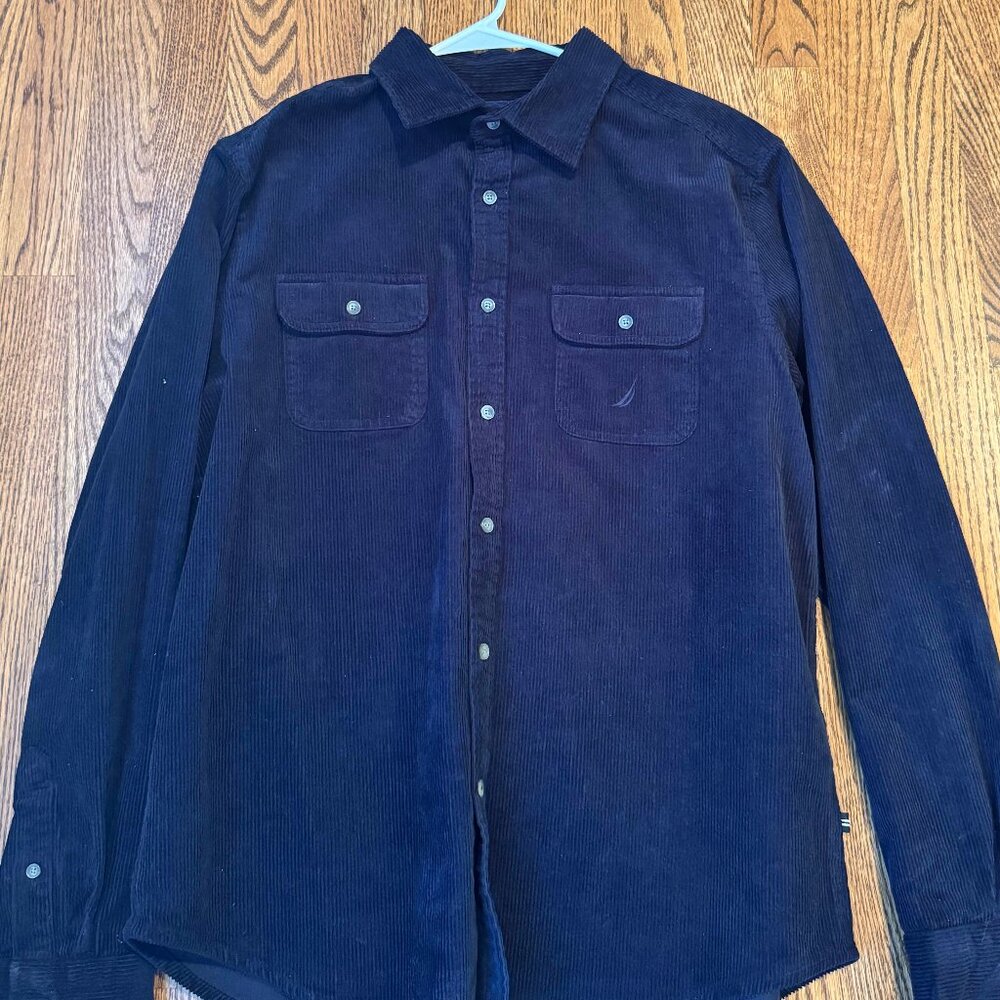 Nautica Shirt Jacket Corduroy Mens Navy Blue Classic Fit Stretch Flap Pockets